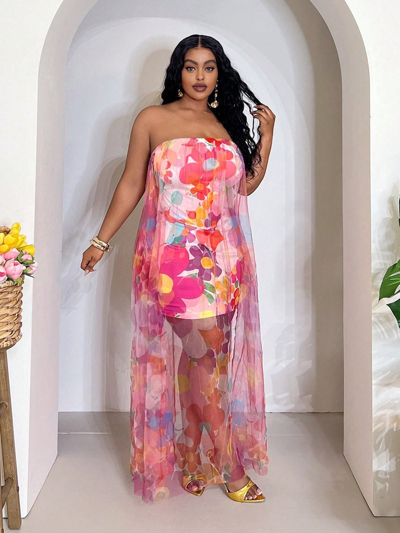 Veslaya 2025 Spring-Summer New Music Festival Elegant Casual Sexy Multi-Color Contrast Allover Print 2 Layer Bodycon Strapless Maxi Dress, plus Size,Flowy Dress,Sun Dresses for Women