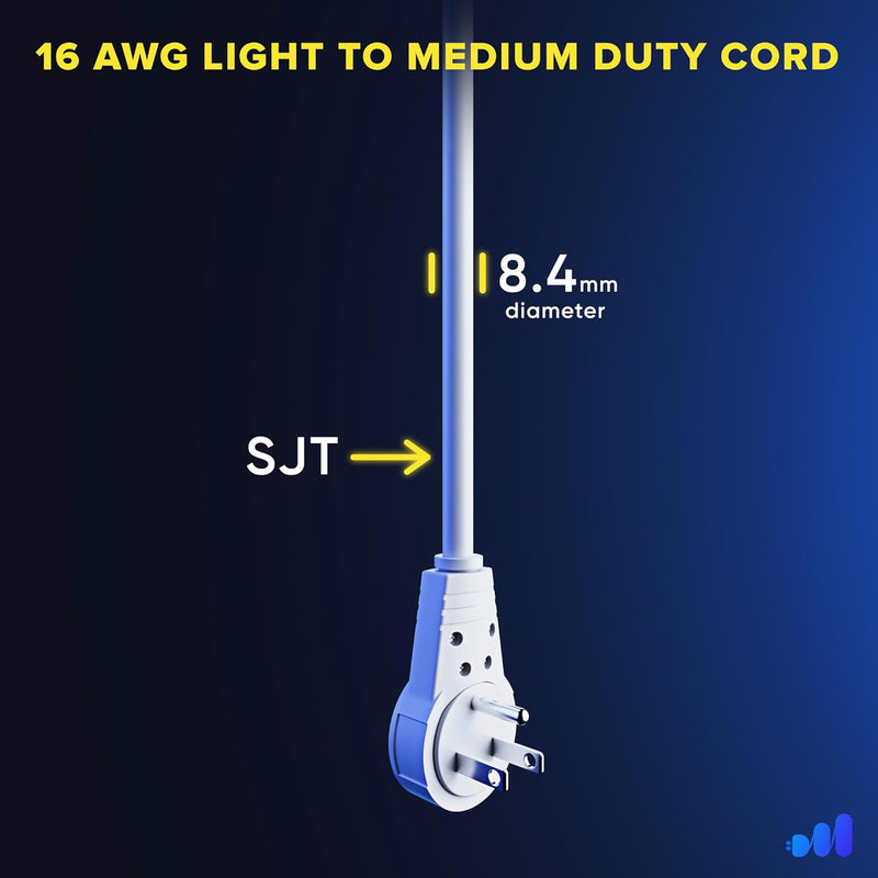 Extension Cord 1 Foot White Flat Plug, 360° Rotating Short Power Cord Single Outlet, Indoor 16 Gauge 3 Prong Grounded Wire UL Certified (1Ft White)