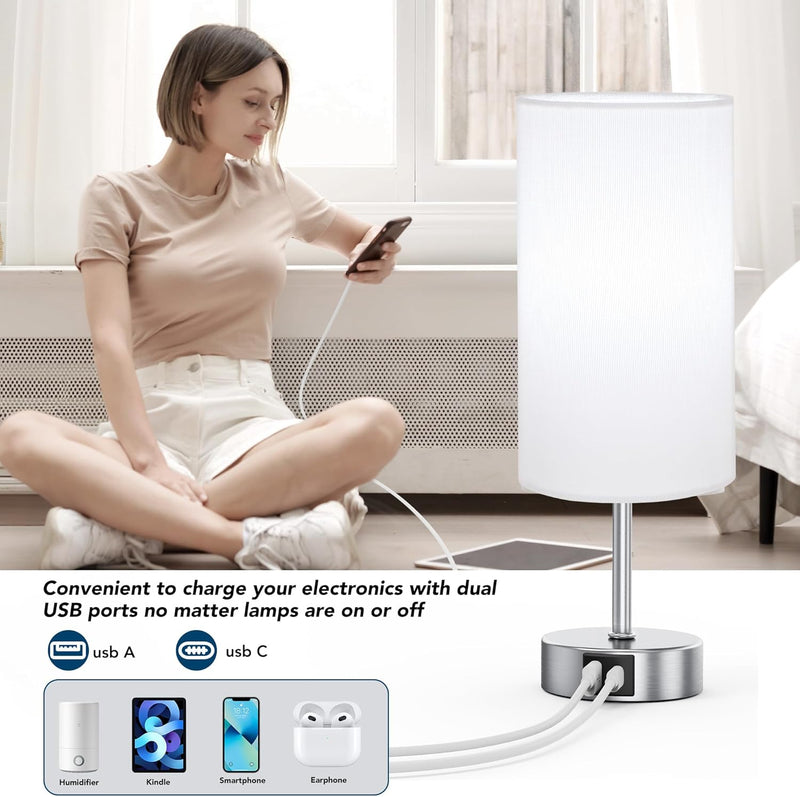 12.8" Touch Control Table Lamp, 3-Way Dimmable Small Bedside Nightstand Lamp with 2 USB Ports, Modern Table Lamps with 6500K Daylight LED Bulb for Bedroom Living Room