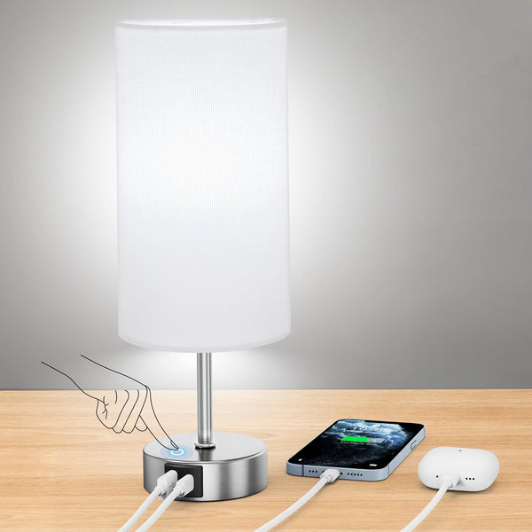 12.8" Touch Control Table Lamp, 3-Way Dimmable Small Bedside Nightstand Lamp with 2 USB Ports, Modern Table Lamps with 6500K Daylight LED Bulb for Bedroom Living Room