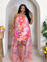 Veslaya 2025 Spring-Summer New Music Festival Elegant Casual Sexy Multi-Color Contrast Allover Print 2 Layer Bodycon Strapless Maxi Dress, plus Size,Flowy Dress,Sun Dresses for Women