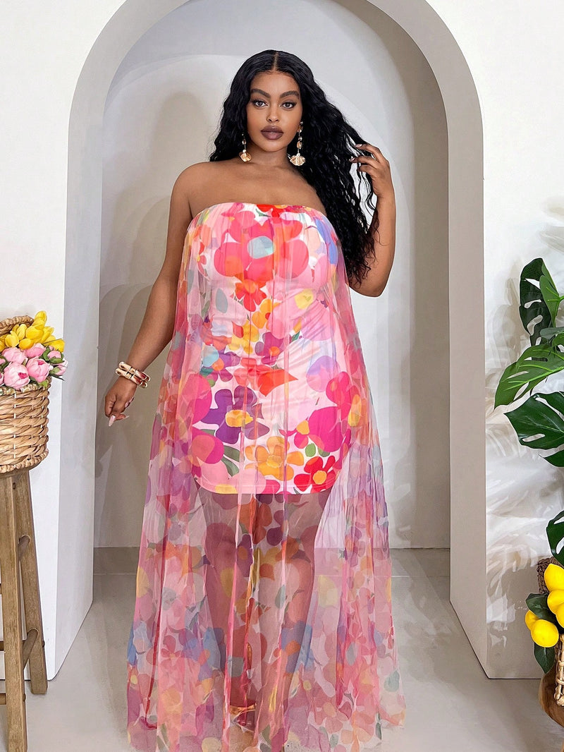 Veslaya 2025 Spring-Summer New Music Festival Elegant Casual Sexy Multi-Color Contrast Allover Print 2 Layer Bodycon Strapless Maxi Dress, plus Size,Flowy Dress,Sun Dresses for Women