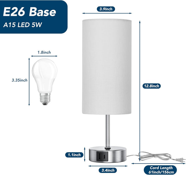 12.8" Touch Control Table Lamp, 3-Way Dimmable Small Bedside Nightstand Lamp with 2 USB Ports, Modern Table Lamps with 6500K Daylight LED Bulb for Bedroom Living Room