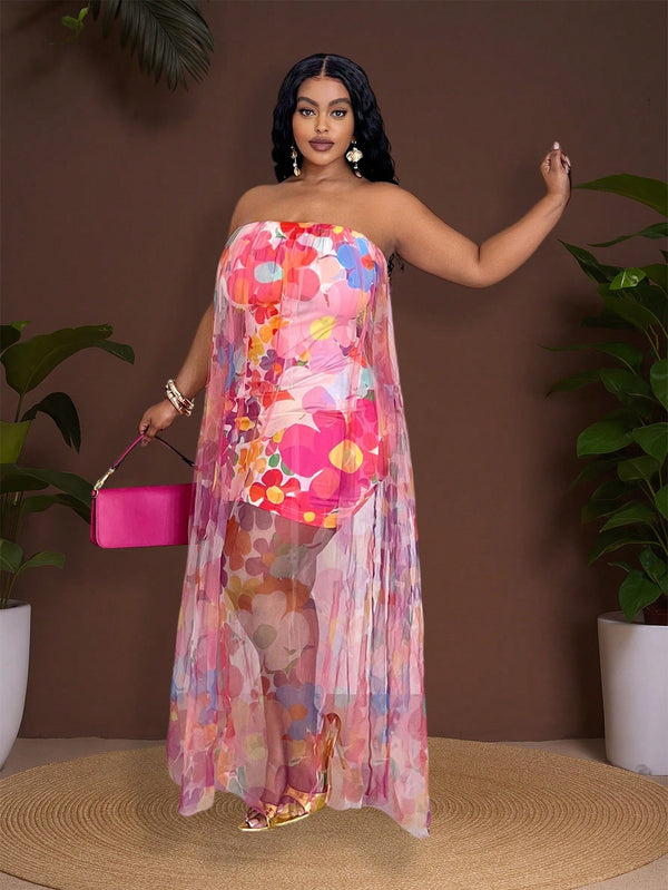 Veslaya 2025 Spring-Summer New Music Festival Elegant Casual Sexy Multi-Color Contrast Allover Print 2 Layer Bodycon Strapless Maxi Dress, plus Size,Flowy Dress,Sun Dresses for Women