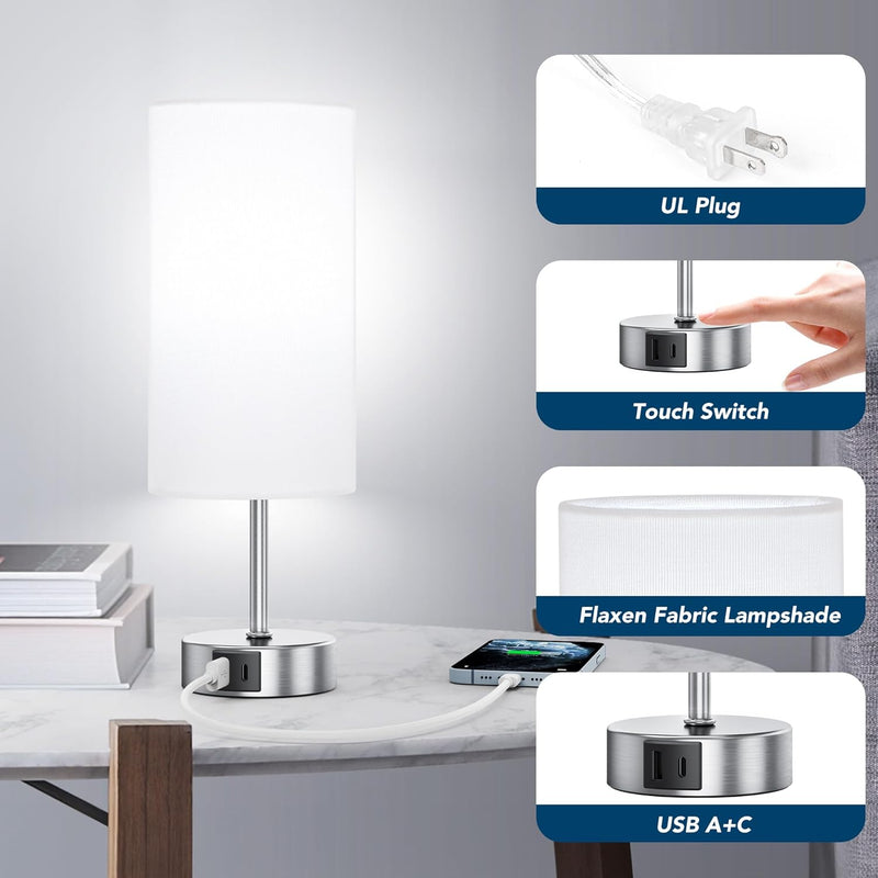 12.8" Touch Control Table Lamp, 3-Way Dimmable Small Bedside Nightstand Lamp with 2 USB Ports, Modern Table Lamps with 6500K Daylight LED Bulb for Bedroom Living Room