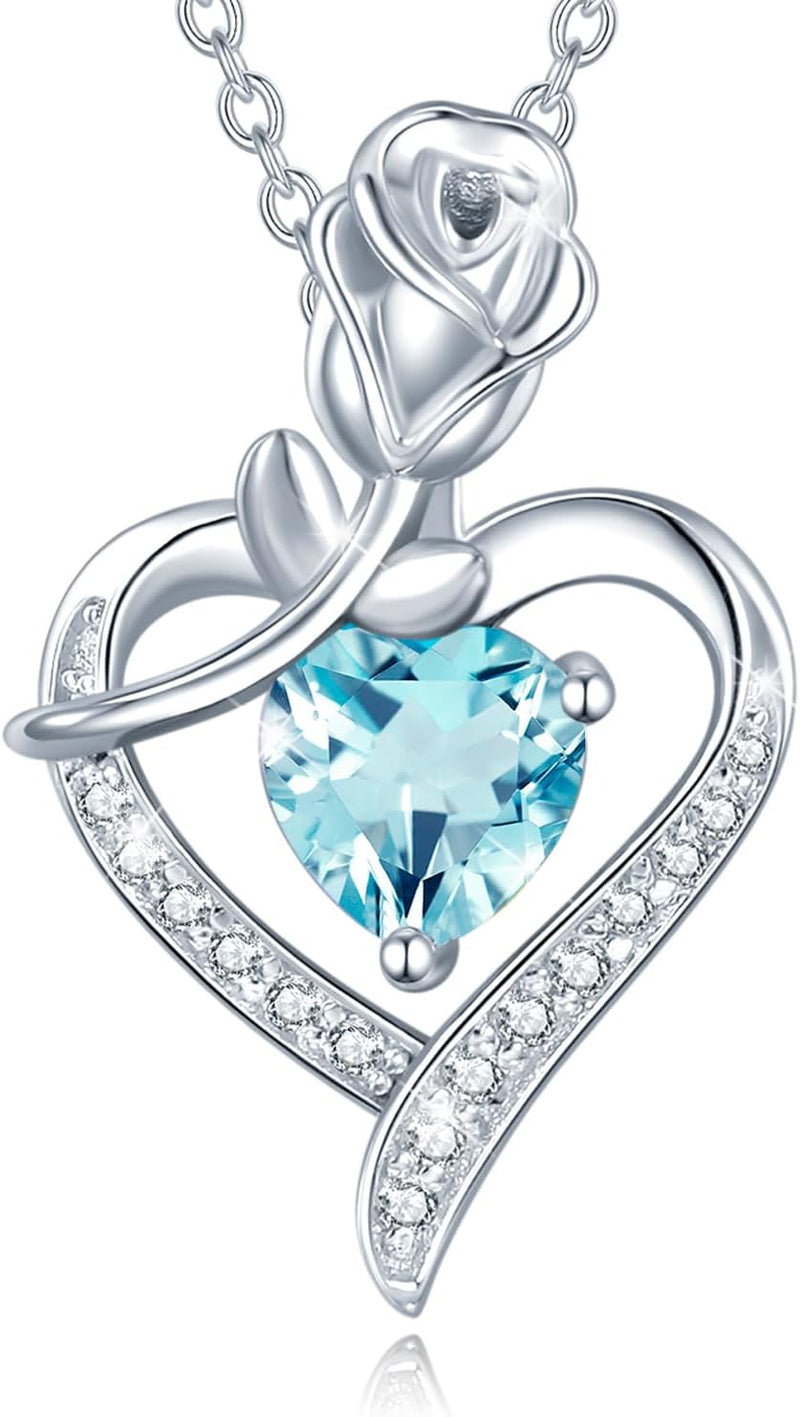Rosy Reverie Birthstone Necklace for Women Sterling Silver Genuine or Created Gemstone Rose Flower Heart Pendant Necklace Anniversary Birthday Gifts for Women Mom Wife Her