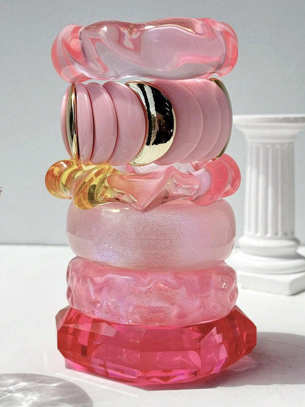 1Pc Transparent Shiny Pink Geometric Asymmetrical Spiral round Rectangle Resin Bracelet, Summer Beach Vacation Decorative Bracelet