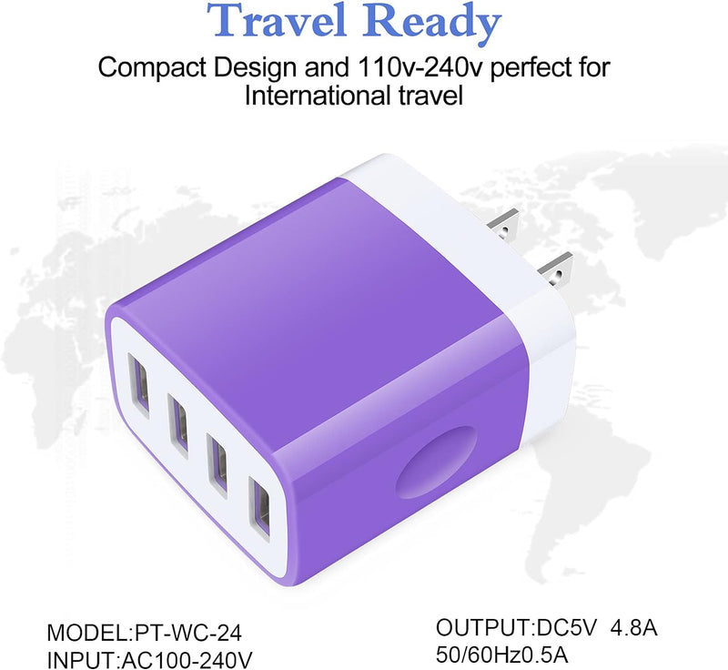 Wall Charger Block,  4-Multi Port USB Wall Charger Plug 4.8A Power Adapter Charging Block Cube Charger Box for Iphone 15 14 13 Pro Max 12 11 XS X 8 Plus, Ipad, Samsung Galaxy, LG, Moto, Android