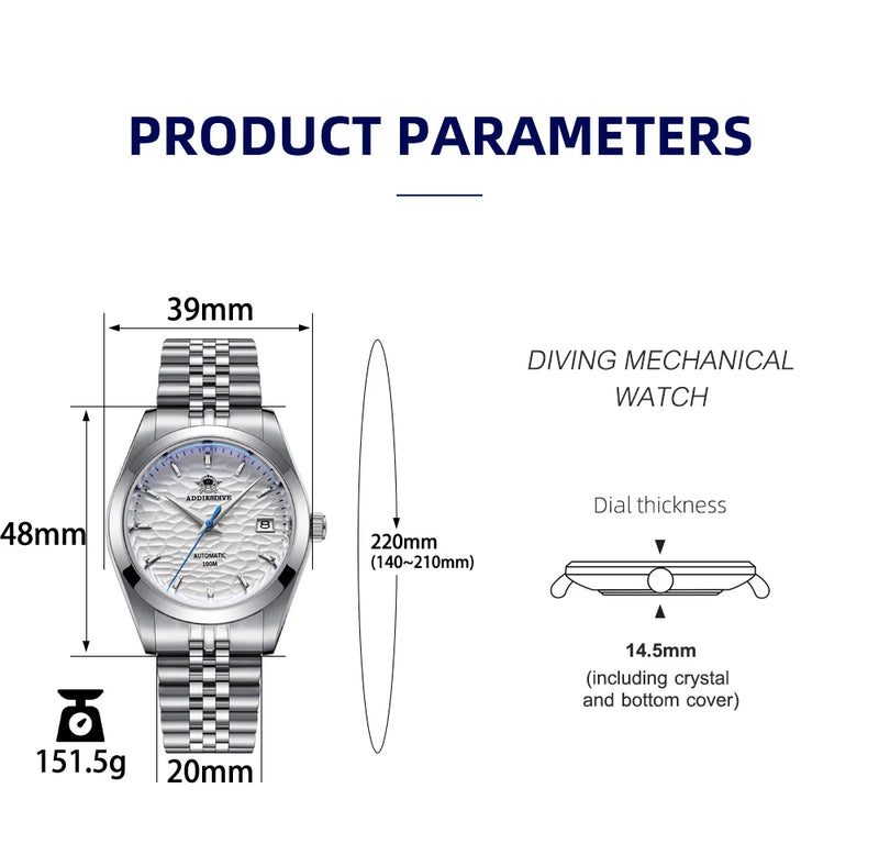 ADDIESDIVE Automatic Mechanical Watch Man European American Business Leisure Wristwatch Luxury Silver Luminous Waterproof Watch