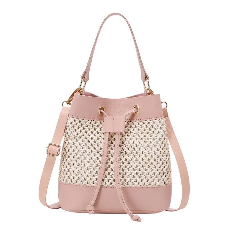 Bundle Pocket Straw Crossbody Bag Commute Handbag Drawstring Bucket Bag Messenger Bag Large Capacity Beach Shoulder Bag Girls
