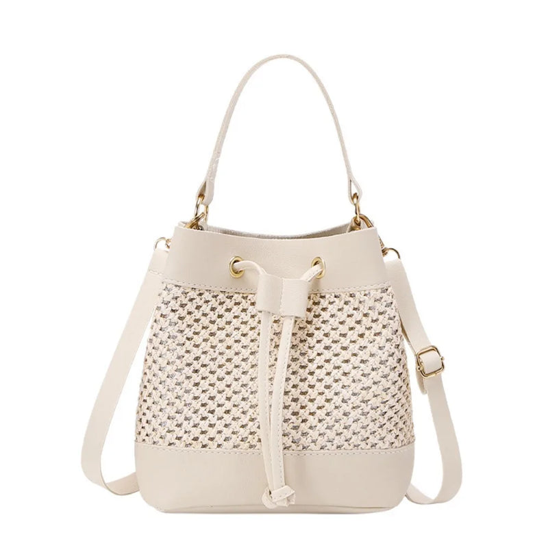 Bundle Pocket Straw Crossbody Bag Commute Handbag Drawstring Bucket Bag Messenger Bag Large Capacity Beach Shoulder Bag Girls