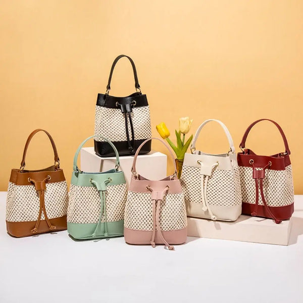 Bundle Pocket Straw Crossbody Bag Commute Handbag Drawstring Bucket Bag Messenger Bag Large Capacity Beach Shoulder Bag Girls