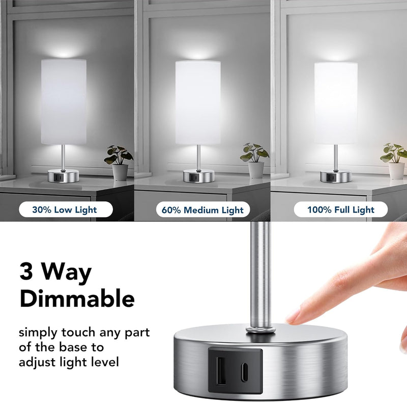 12.8" Touch Control Table Lamp, 3-Way Dimmable Small Bedside Nightstand Lamp with 2 USB Ports, Modern Table Lamps with 6500K Daylight LED Bulb for Bedroom Living Room