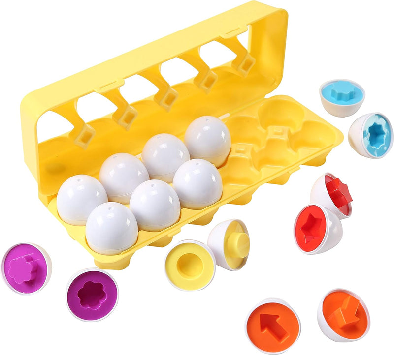 Fun Easter Egg Matching Toy Set (12 Eggs) - Toddler STEM Easter Basket Stuffers, Shape Recognition & Color Sorting Toys, Educational Easter Eggs for Kids, Play Egg Puzzle Set