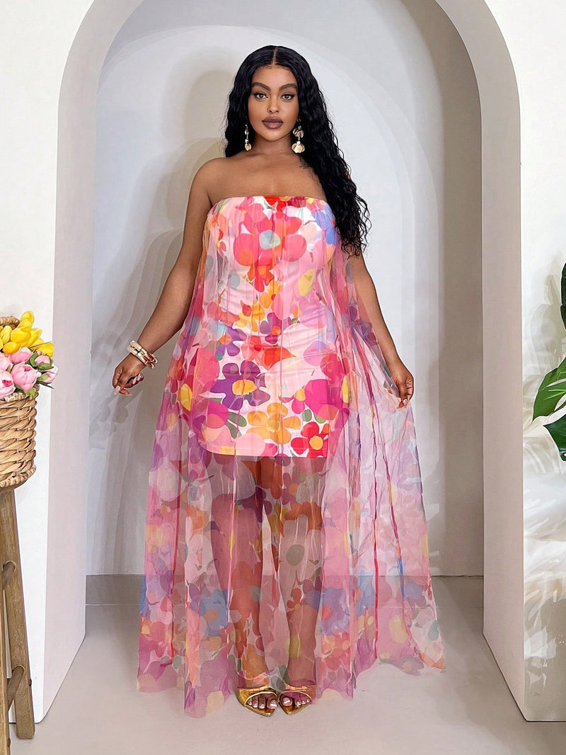 Veslaya 2025 Spring-Summer New Music Festival Elegant Casual Sexy Multi-Color Contrast Allover Print 2 Layer Bodycon Strapless Maxi Dress, plus Size,Flowy Dress,Sun Dresses for Women