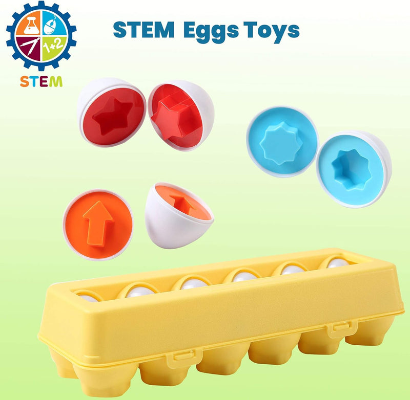 Fun Easter Egg Matching Toy Set (12 Eggs) - Toddler STEM Easter Basket Stuffers, Shape Recognition & Color Sorting Toys, Educational Easter Eggs for Kids, Play Egg Puzzle Set