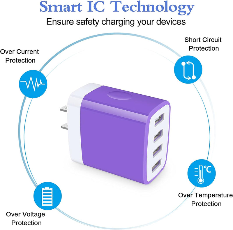 Wall Charger Block,  4-Multi Port USB Wall Charger Plug 4.8A Power Adapter Charging Block Cube Charger Box for Iphone 15 14 13 Pro Max 12 11 XS X 8 Plus, Ipad, Samsung Galaxy, LG, Moto, Android